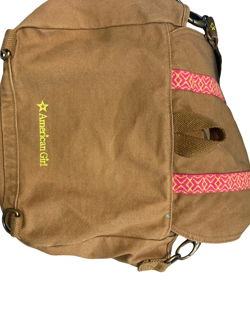 American Girl Brown Canvas Crossbody with Pink Patterned Straps and Yellow Trim